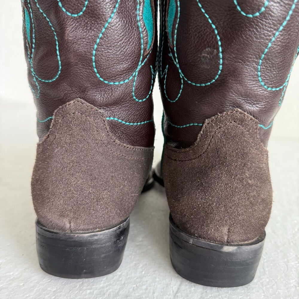 Brown Suede & Leather Cowboy Boots Turquoise Star Embroidery Women’s Size 38 - Picture 9 of 13